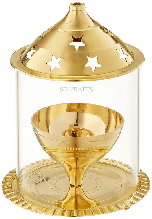 SG CRAFTS Brass Akhand Diya for Puja with Borosilicate Glass Cover, Glass Oil Lamp, Decorative Bras