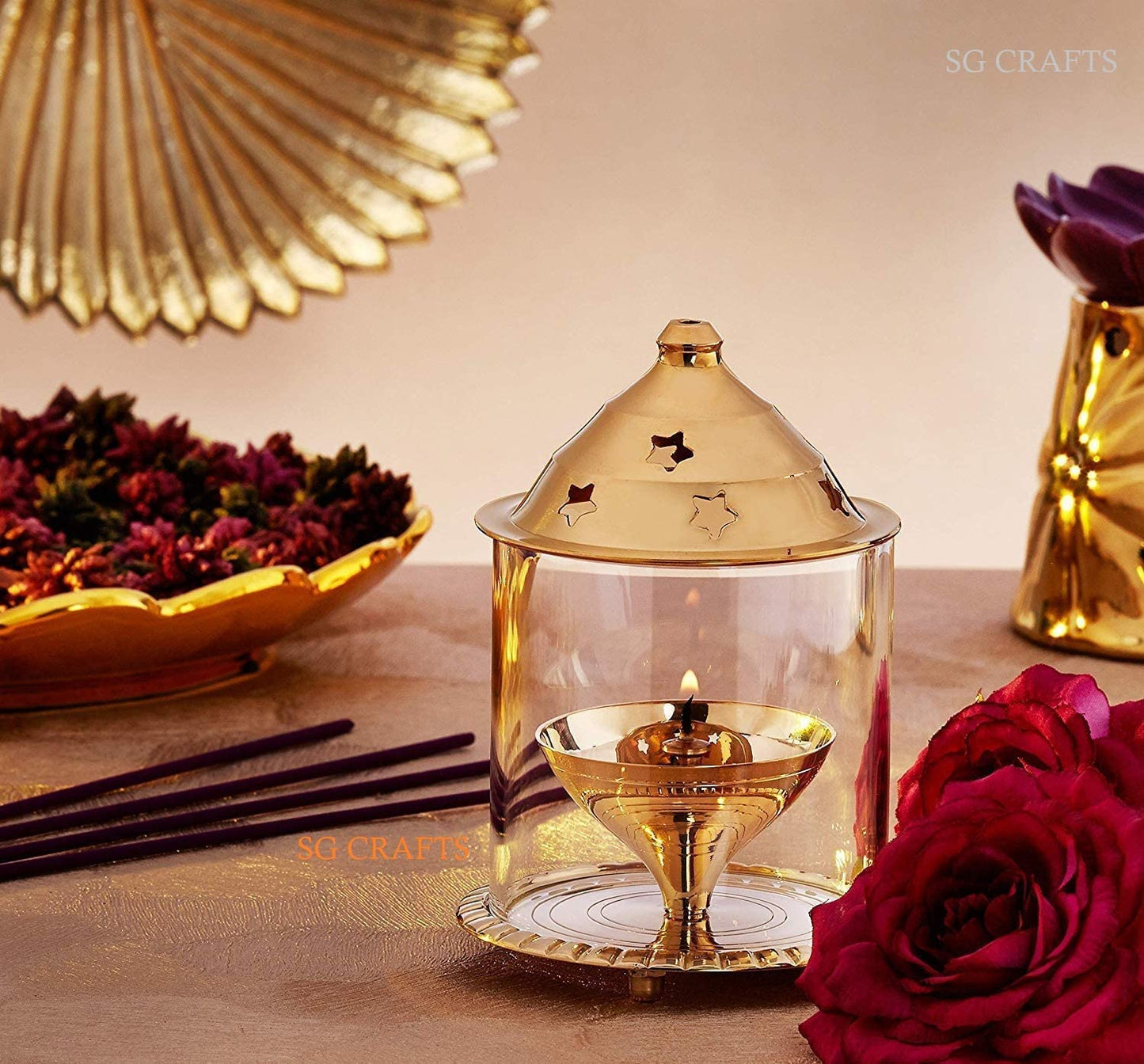 SG CRAFTS Brass Akhand Diya for Puja with Borosilicate Glass Cover, Glass Oil Lamp, Decorative Bras